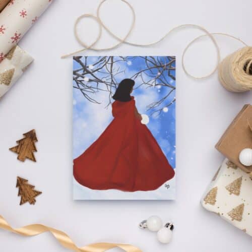 Lady in red | Winter walk | Greetings card