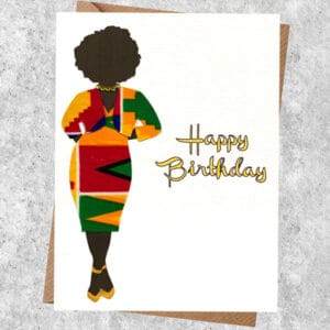 Card for a queen in an orange kente fabric dress, choose dress, hairstyle, figure, greeting