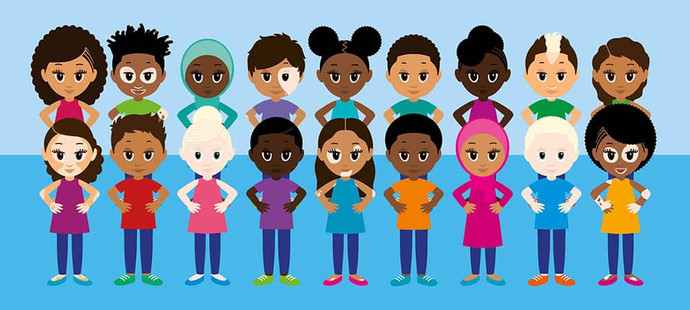 Cartoon style illustration of 18 happy, young children in various shades of black and brown, two living with albinism, six living with vitiligo. They all have different hairstyles and two of them are wearing hijabs. They are all standing with their hands on her hips wearing dark blue trousers and tops in various bright colours. The background is two shades of light blue.