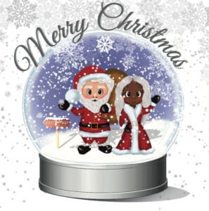 White Santa & Black Mrs Claus Snow Globe Christmas Card