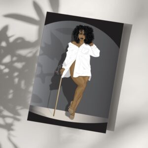 Black woman with big afro, wearing white oversized shirt gold heels and holding a gold cain