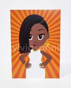 Diverse Afrocentric card featuring dark skinned Black woman with hair in natural locs, wearing cowrie shell jewellery.