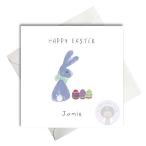 blue Easter Bunny with a row of easter eggs