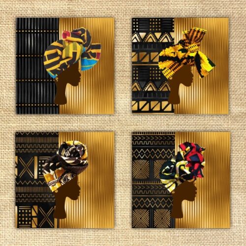 Pack of 4 gold black headwrap mudcloth cards
