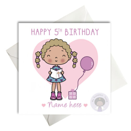 Curly blond hair cute girl holding a birthday card standing up. Pink Balloon and present