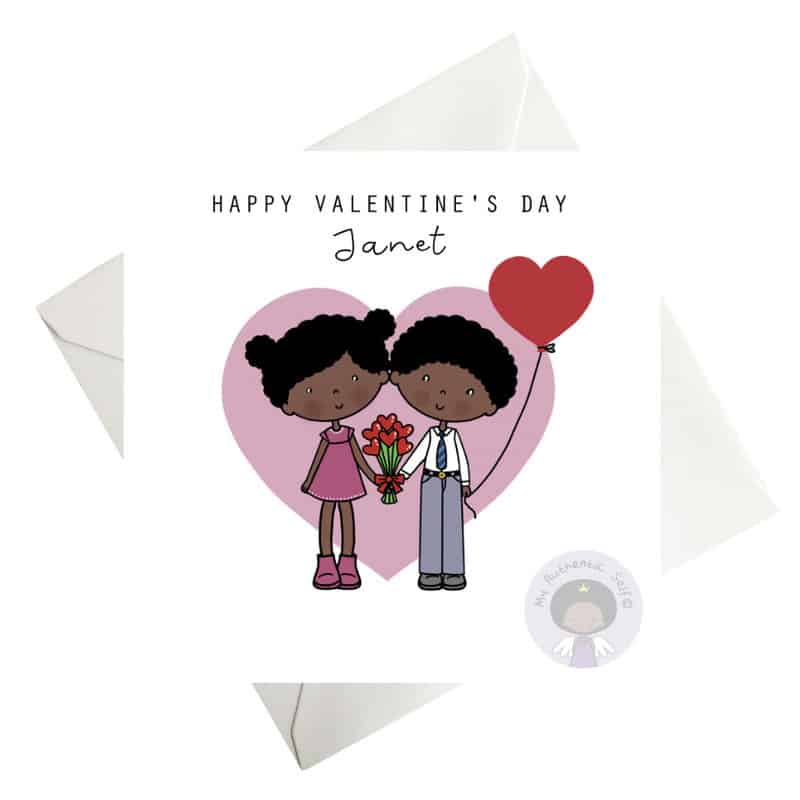 Cute black couple holding hands and a bunch of red heart flowers and boy holding a red heart shape balloon