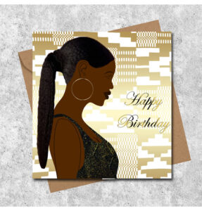 Ponytail hairstyle card, dress made with African fabric, choice of skin shade and dress, personalised, any occasion