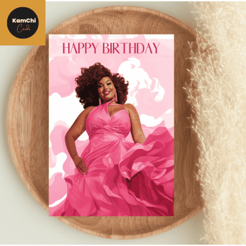 Happy Birthday Card, Full Figure Black Woman, Diverse Greeting Card, Plus Size Pink Dress Birthday Card, Black Greeting Card, Full Figured Mature Woman