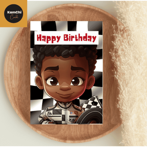 Black Boy Racing Driver Birthday Card, Black Boy Joy Card, Afro Boy Birthday Card, Diverse Greeting, Cards for Boys