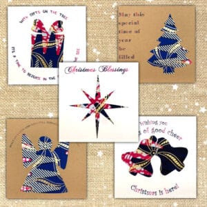 Traditional Christmas cards, cut from pink and navy, gold embellished African fabric, pack of 5