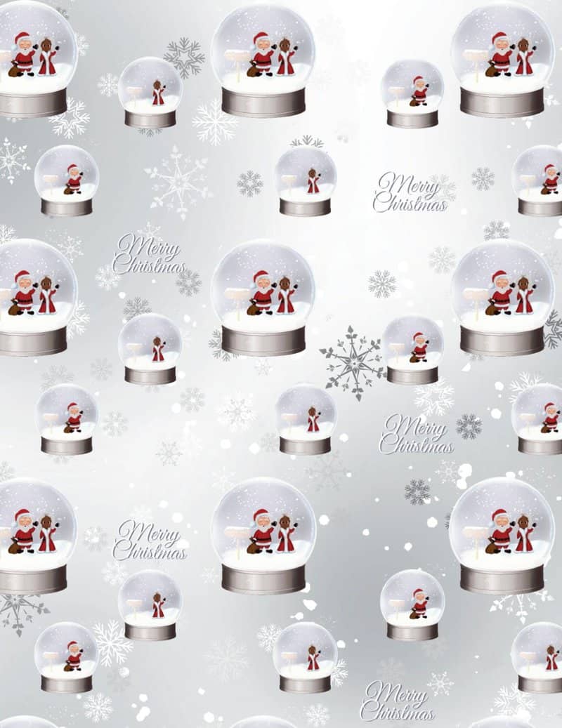 Silver White Santa & Black Mrs Claus Snow Globe Wrapping Paper (2 Sheets)