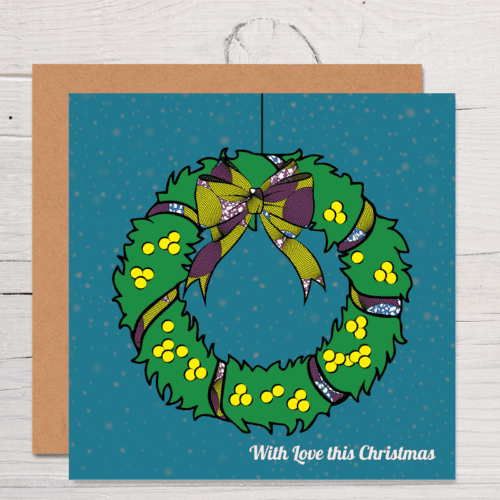 With Love This Christmas Xmas Wreath Card, African Print Inspired, Christmas Card, Seasonal Cards -