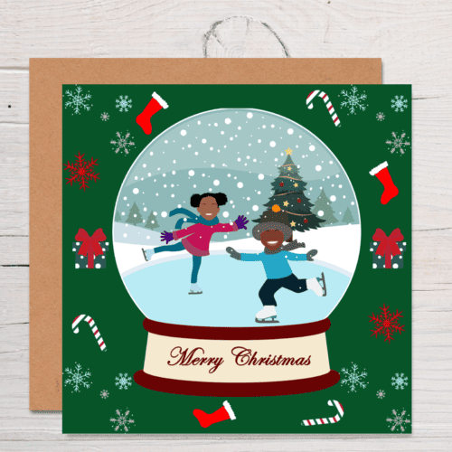Children Christmas Globe Card, Festive Season, Winter Wonderland, Afrocentric