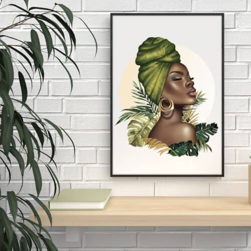 African Woman Head Wrap print in Gold and Green - A4 Wall art print - unframed
