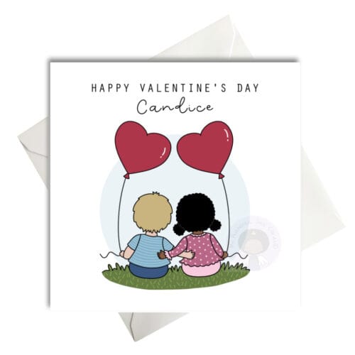 black and white cute couples valentines day image with red heart balloons sitting on the grass.
