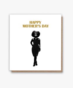 Elegant Afrocentric Mother’s Day card featuring a black woman with a stylish Afro, wearing a black dress and exuding confidence and grace.”Happy Mother’s Day Slay – Empowerment and Style
