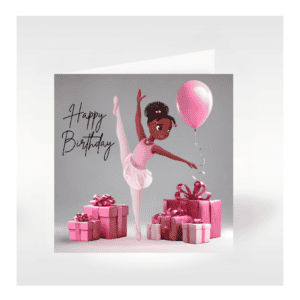 Image of Nia Ballerina the black ballerina in a Arabesque Ballet Pose with a balloon and gifts.