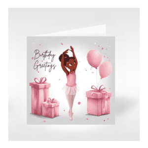 Nia Ballerina the black ballerina in a beautiful en-pointe ballet pose surrounded by balloons and gifts.