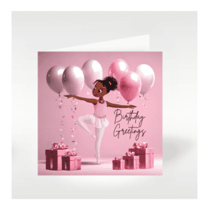 Image of Nia Ballerina the black ballerina in a ballet pose with a backdrop of pink, balloons and gifts.