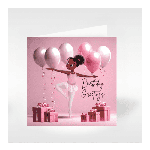 Image of Nia Ballerina the black ballerina in a ballet pose with a backdrop of pink, balloons and gifts.