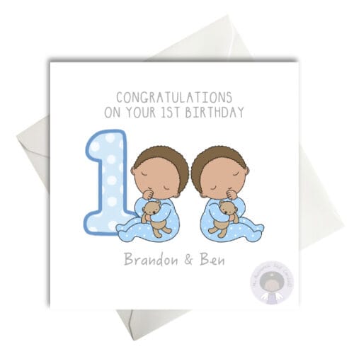 1st first birthday twin boys card mixed race mixed heritage