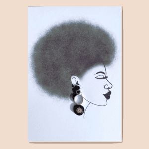 Afro hair card with black and silver quilled earrings