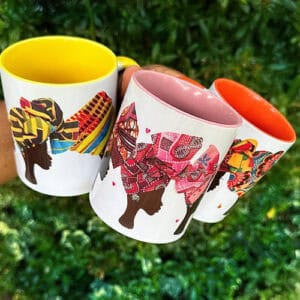 Headwrap Mugs in assorted colours and designs, originally cut from African fabric