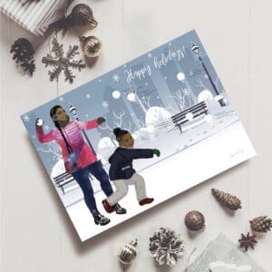 Black woman and young boy throwing snowballs Christmas card.