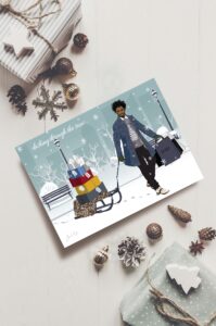 a black man dashing through the snow, with a gift ladened sleigh filled with: Joy. Peace and Hope.