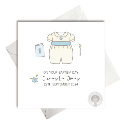 dedication christening baptism card for boys. boys cream dress suit with blue bible candle