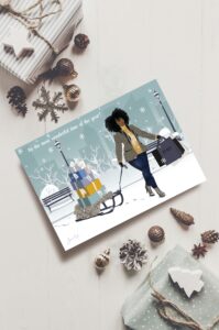 Black woman with big personality and afro, pulling a sleigh stacked with gifts go Joy, Peace, Love, etc through the snow.