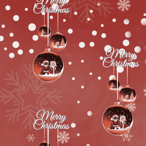 Red Christmas Bauble Black Santa & White Mrs Claus Wrapping Paper (2 Sheets)