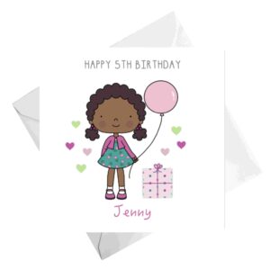 brown girl with pink balloon age card