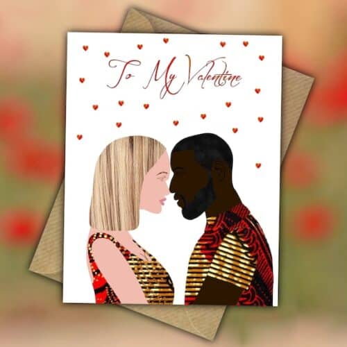Interracial couple celebration card, fabric clothing, black man, white woman, choice of skin shade and hair colour