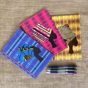 Notebook set, 3 vibrant pink blue yellow soft cover notebooks, LINED, assorted African fabric headwraps, fits in purse or handbag