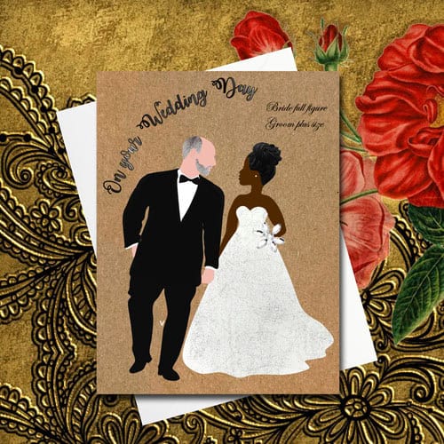 Wedding card for interracial couple, made with African fabric, skin shade and hair choices