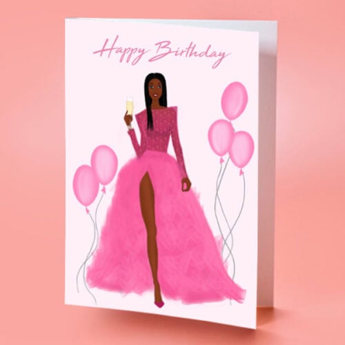 Black Girl Birthday Card Pink Dress- Free UK Shipping