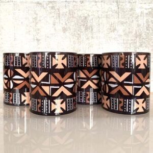 Set of 4 bogolan patterned mugs, with optional coasters