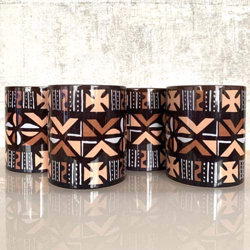 Set of 4 bogolan patterned mugs, with optional coasters