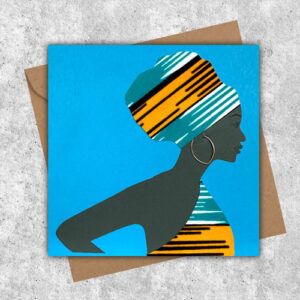 Woman in one shoulder turquoise gold African fabric dress, personalised for any occasion