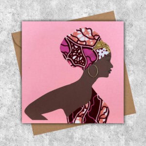 Woman in one shoulder pink gold African fabric dress, personalised for any occasion