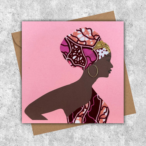 Woman in one shoulder pink gold African fabric dress, personalised for any occasion
