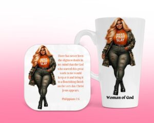 Wake Pray Slay (O), Christian Latte Mug & Coaster Set, Christian Mug, Christian Coaster