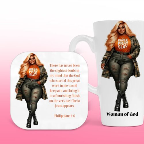 Wake Pray Slay (O), Christian Latte Mug & Coaster Set, Christian Mug, Christian Coaster