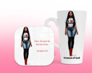I Love God (W), Christian Latte Mug & Coaster Set, Christian Mug, Christian Coaster
