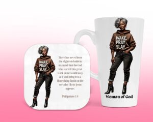 Wake Pray Slay (B), Latte Mug & Coaster Set, Christian Mug, Christian Coaster