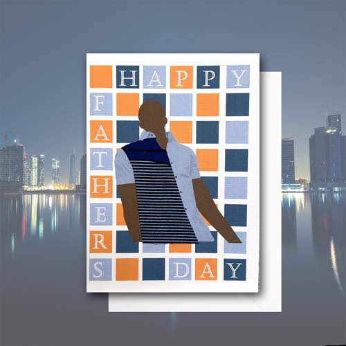 Black Father’s Day colourful blocks card, blue African fabric shirt or jacket, 2 skin tones