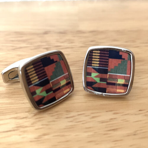 orange green kente pattern stainless steel cufflinks