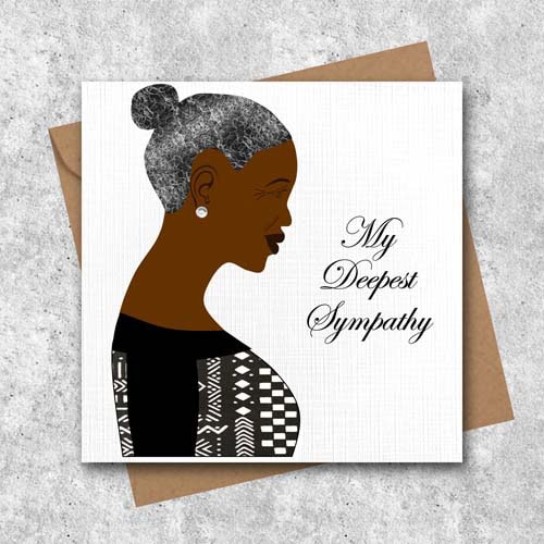 Sympathy card for older woman, African fabric dress, choice of skin shade and hair, personalised