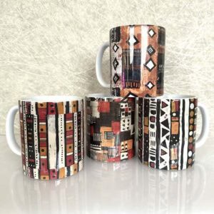 Set of 4 red brown mudcloth mugs, with optional coasters